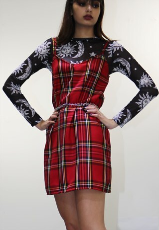 90S GRUNGE TARTAN CHECK SLIP DRESS IN RED