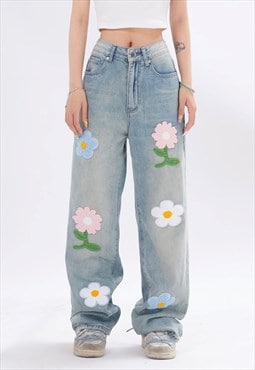 Patchwork jeans floral denim trouser bleached flower pants