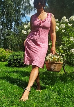 90s retro pink silk floral ruffle occasional midi dress