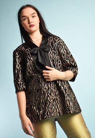 VINTAGE 80'S RETRO ANIMAL TIGER PRINT GOLD OVERSIZED BLOUSE