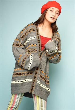 VINTAGE 90'S ABSTRACT ETHNIC PATTERN KNIT OVERSIZED CARDIGAN