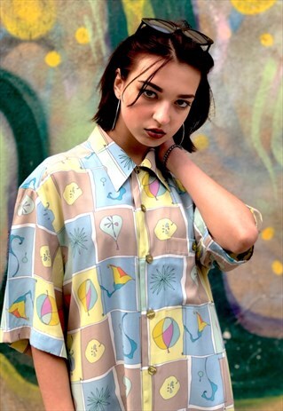 VINTAGE 80'S MULTICOLOR PRINTED SHORT SLEEVE SHIRT FESTIVAL