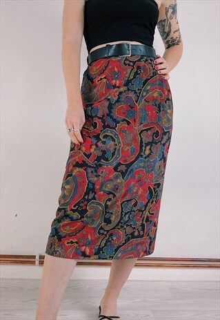 VINTAGE 80S BRIGHT FUNKY PATTERN MID LENGTH SKIRT