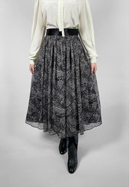 Richards 80's Grey Black Animal Print Sheer Midi Skirt Small