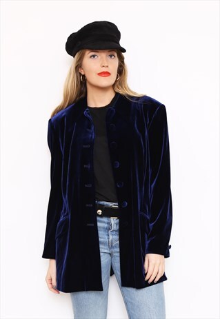VINTAGE 90S NAVY BLUE VELVET OVERSIZED SHIRT JACKET