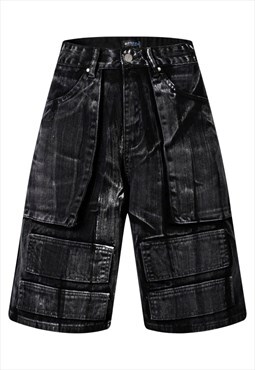 Utility denim shorts oil wash cropped jean pants in black