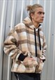 CHECK FLEECE HOODIE FLUFFY TARTAN PULLOVER IN CREAM BROWN
