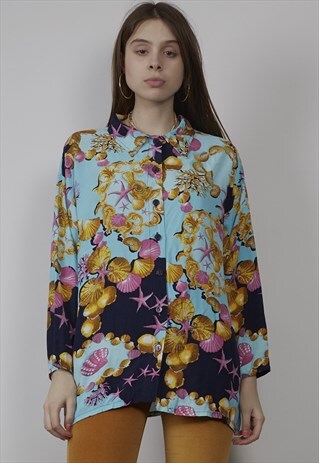 VINTAGE 80'S TURQUOISE SHELL PRINT SHIRT