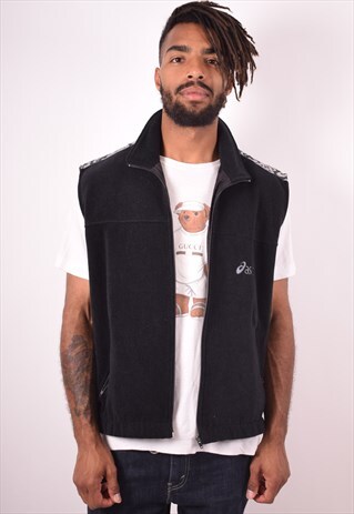 ASICS MENS VINTAGE FLEECE GILET LARGE BLACK 90S