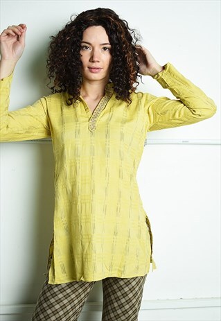 VINTAGE 90S RETRO BOHO HIPPIE SARI TUNIC TOP YELLOW
