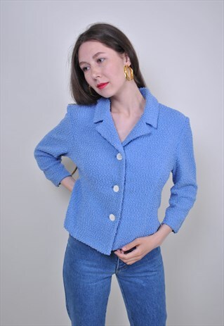 80S WOOL BLUE BLAZER, VINTAGE BUTTONS SUIT CUTE JACKET