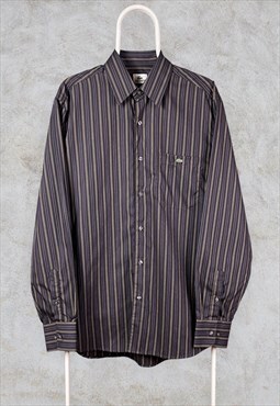 Vintage Lacoste Striped Shirt Long Sleeve Brown Large 42