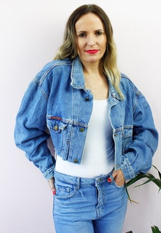 BLUE DENIM BOYFRIEND OVERSIZED CROPPED FRAYED JACKET