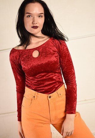 VINTAGE 90S RETRO KEYHOLE BODYSUIT LEOTARD IN MAROON VELVET