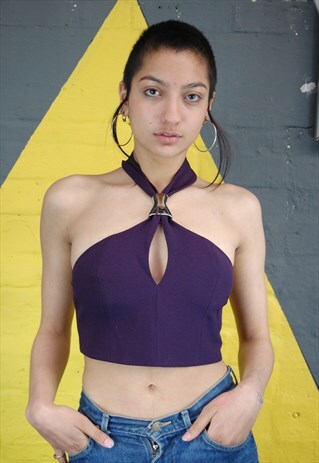 Y2K PURPLE HALTER CROP TOP WITH METAL AND PEEKABOO DETAILS