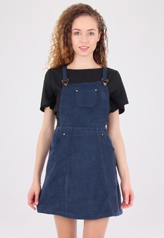 NAVY SUEDE DUNGAREE PINAFORE DRESS