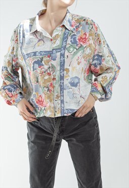 Vintage Reworked Long Sleeve Crop Shirt in Floral Pattern L