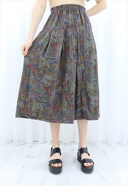 80s Vintage Multicoloured Paisley Midi Skirt (Size L)