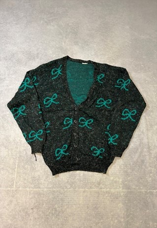 VINTAGE ABSTRACT KNITTED CARDIGAN CUTE BOW PATTERNED SWEATER