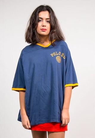90'S VINTAGE BLUE RALPH LAUREN POLO OVERSIZE V-NECK T-SHIRT