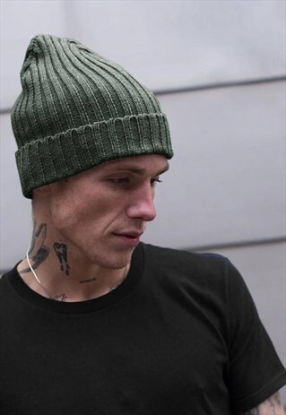 RIBBED FISHERMAN TRAWLER WINTER BEANIE HAT - KHAKI GREEN