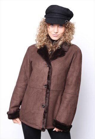 VINTAGE 90S BROWN FAUX SHEEPSKIN SHEARLING WINTER COAT
