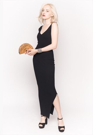SLEEVELESS RIBBED KNIT BODYCON DRESS WITH SIDE SPLIT BLACK
