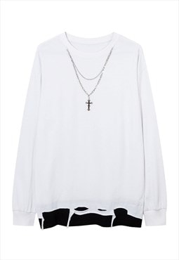 Double layer long t-shirt ripped tee metal chain top white