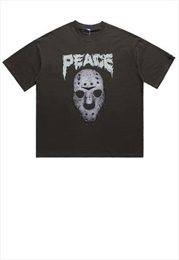 Mask print t-shirt old horror movie tee grunge top in grey
