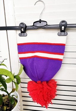 Vintage 90s Pom Pom knitted striped purple winter hat