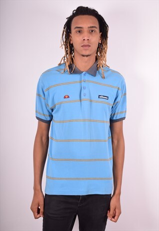 ELLESSE MENS VINTAGE POLO SHIRT LARGE BLUE STRIPES 90S