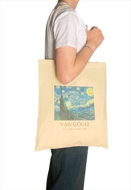 Van Gogh Starry Nigh Vintage Art Tote Bag with Title