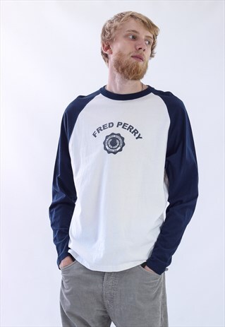 VINTAGE MENS FRED PERRY LONG SLEEVE BIG LOGO T-SHIRT TOP
