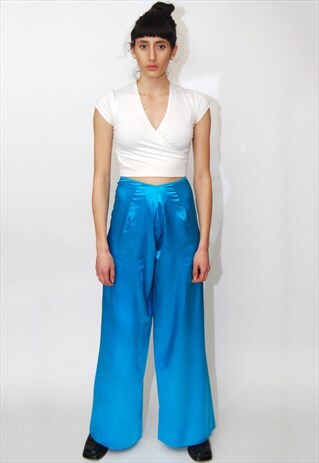 WIDE LEG TROUSERS (25) VINTAGE 90S PANTS BLUE PALAZZO SATIN