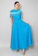 70's Vintage Ladies Blue Evening Maxi Dress White Trim