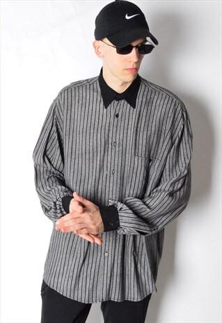 VINTAGE 80S GREY BLACK STRIPED LONG SLEEVE SHIRT