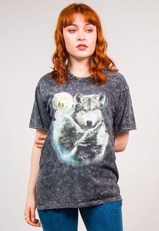 VINTAGE 90'S GREY DISTRESSED STYLE WOLF PRINT T-SHIRT