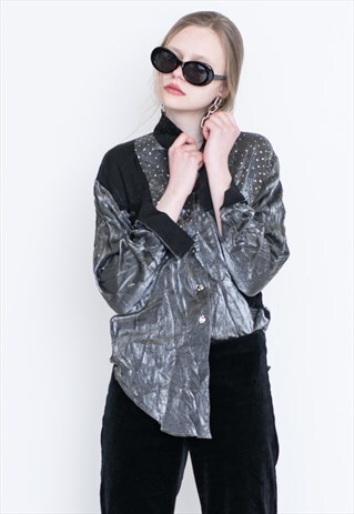 VINTAGE GREY DOT LONG SLEEVE RETRO SHIRT