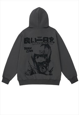 Anime hoodie Japanese pullover grunge cartoon jumper in grey