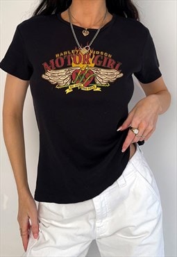 00s Harley Davidson Motor Girl Heart & Wings Graphic T-Shirt