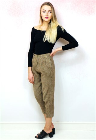 1980S VINTAGE LIGHT BROWN CHECK WOOL HIGH WAIST TROUSER