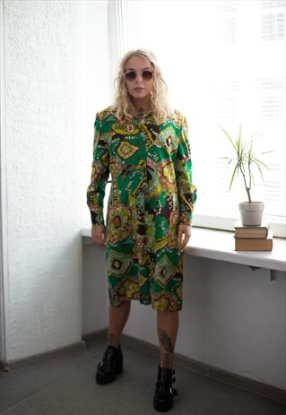 VINTAGE 60'S GREEN PATTERNED MIDI LONG SLEEVED DRESS