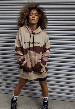 UNISEX LOOSE FIT OVERSIZE CAMO PEACE SLOGAN HOODIE TOP