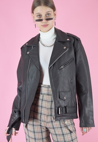 VINTAGE LEATHER BIKER JACKET IN BLACK WITH SILVER ZIPPERS