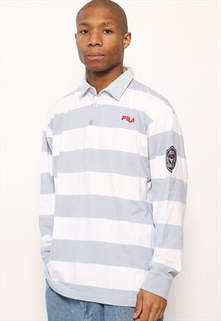 VINTAGE FILA LOGO STRIPED RUGBY SHIRT WHITE AND BLUE