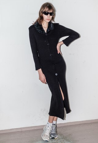 VINTAGE Y2K SEXY MAXI DRESS IN BLACK WITH FAUX FUR COLLAR