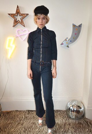 VINTAGE Y2K DENIM ZIP-UP FLARED JUMPSUIT