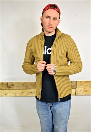 VINTAGE 90S TOMMY HILFIGER BROWN RIBBED KNIT JACKET