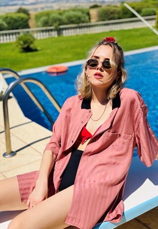 VINTAGE 80'S PINK EMBOIDERED SUMMER SHIRT WITH BLACK COLLAR