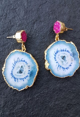 BLUE PINK GEMSTONE SOLAR QUARTZ DRUZY GOLD EARRINGS